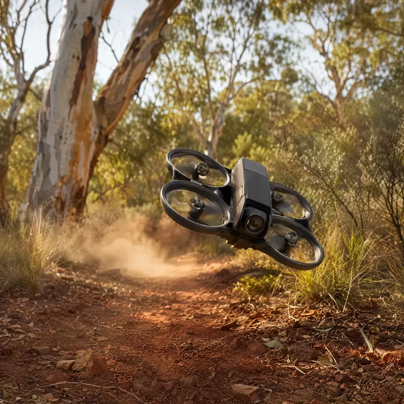 A camera drone flies low over a red dirt track through bushland.