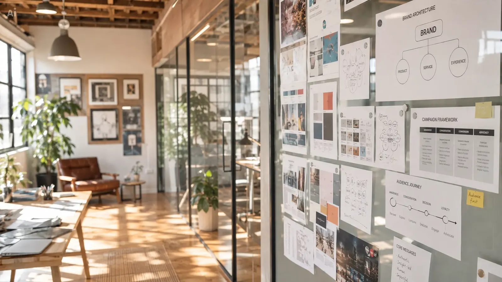 A bright studio wall covered in brand architecture plans and campaign sketches.