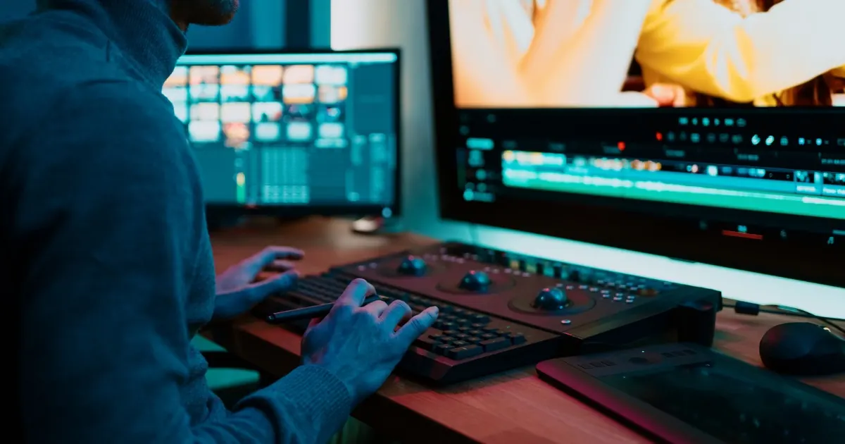 An editor at a colour grading desk, working on footage across several screens.
