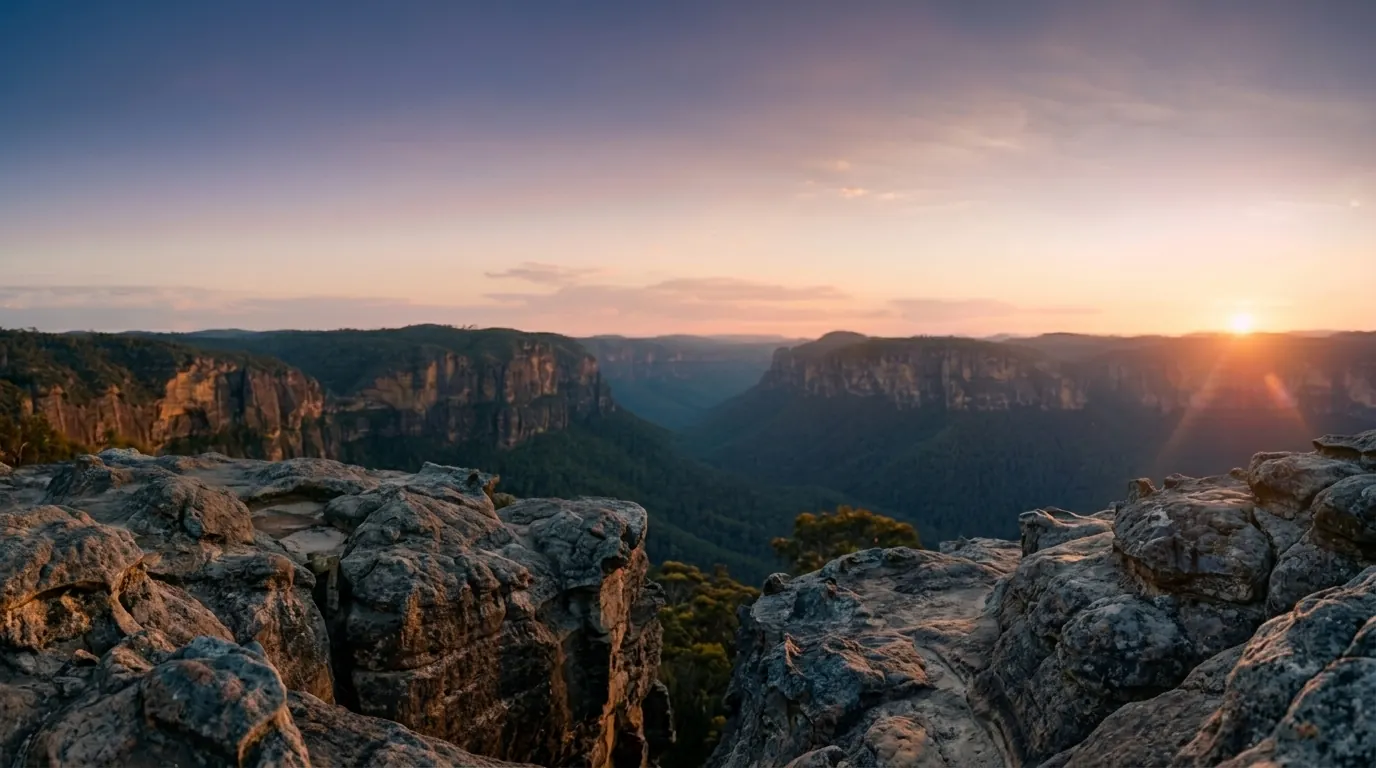 Sandstone cliffs above a deep valley with the sun on the horizon.