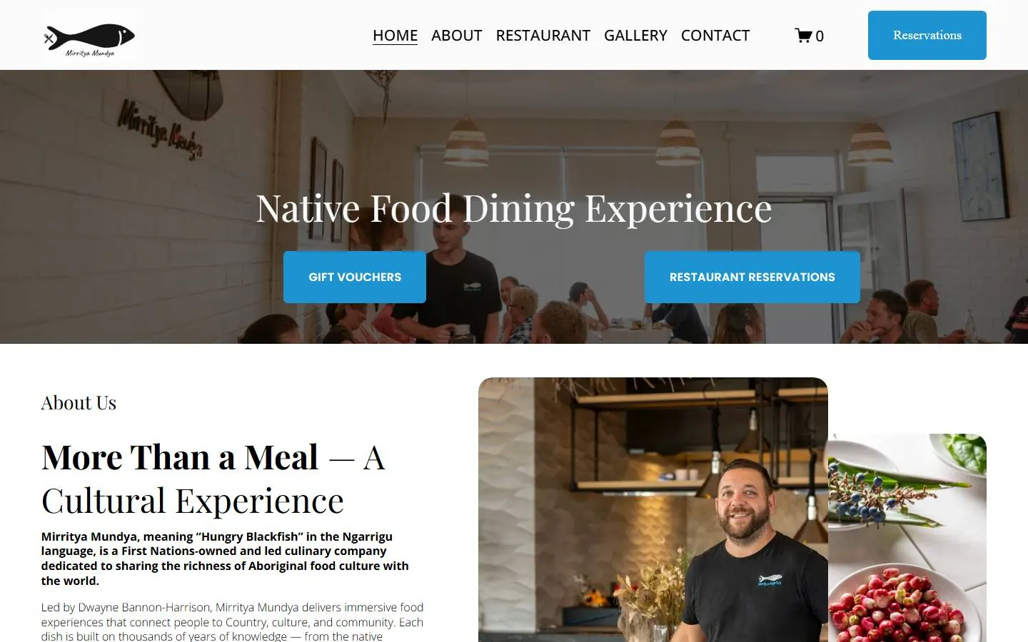 The Mirritya Mundya website home page: Native Food Dining Experience.