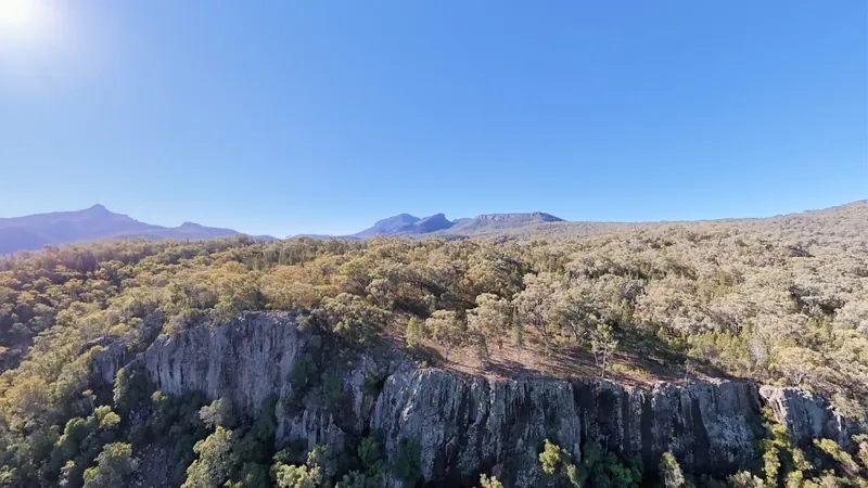 Aerial view of a cliff line above forest, with mountain peaks behind.